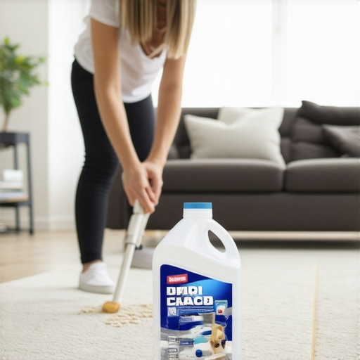 Person spraying enzymatic cleaner on a carpet to neutralize pet odor in a living room.