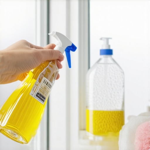 Person spraying vinegar mixture onto bathroom mirror during cleaning process