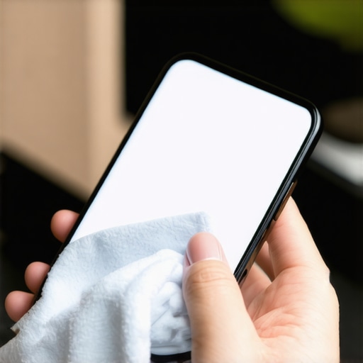 Person wiping smartphone screen with microfiber cloth, emphasizing gentle cleaning method.