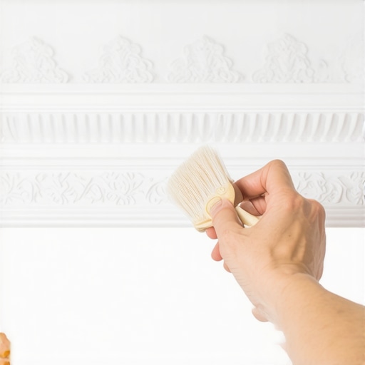 A person gently dusting detailed crown molding with a soft brush to remove fine dust particles.