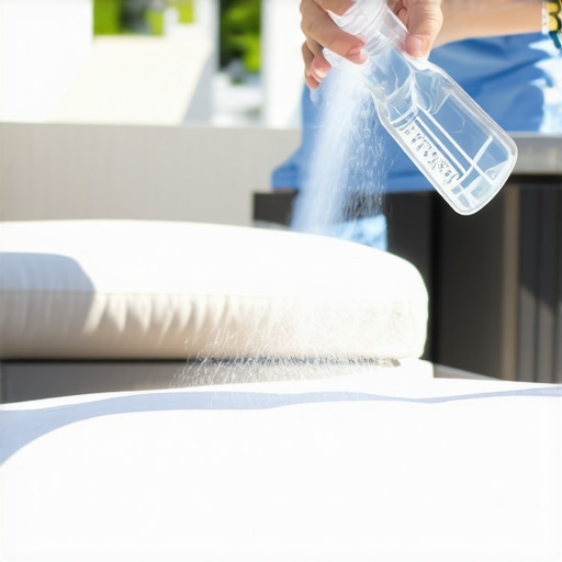 Cleaning Outdoor Cushions with Spray Bottle Person spraying cleaning solution on outdoor cushions for deep cleaning.