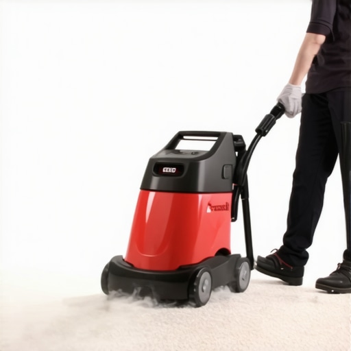 Person using a steam cleaner to deep clean a beige carpet.