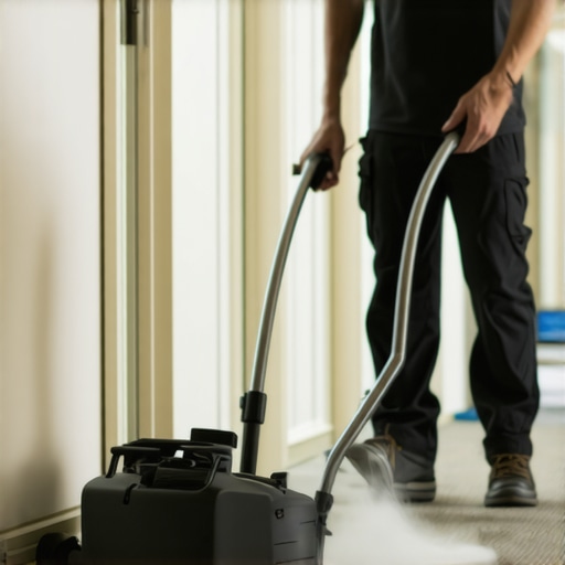Professional technician using a hot water extraction machine on hallway carpet.