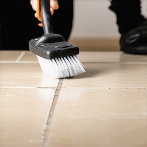 Person scrubbing grout lines with brush and cleaning paste