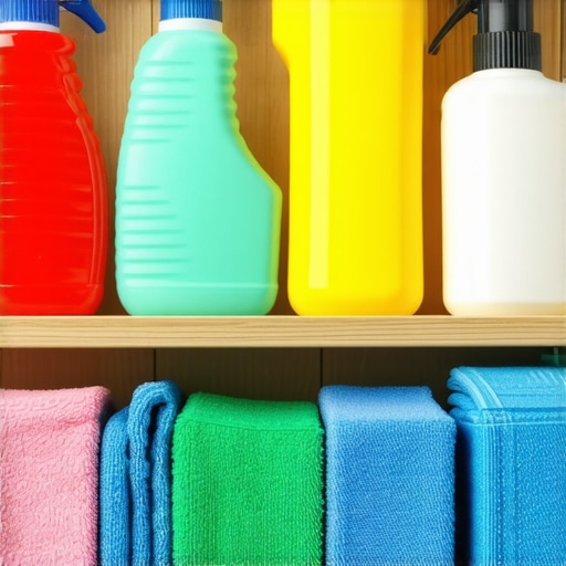 A collection of natural cleaning supplies including vinegar, baking soda, lemon, microfiber cloths, and eco-friendly spray bottles.