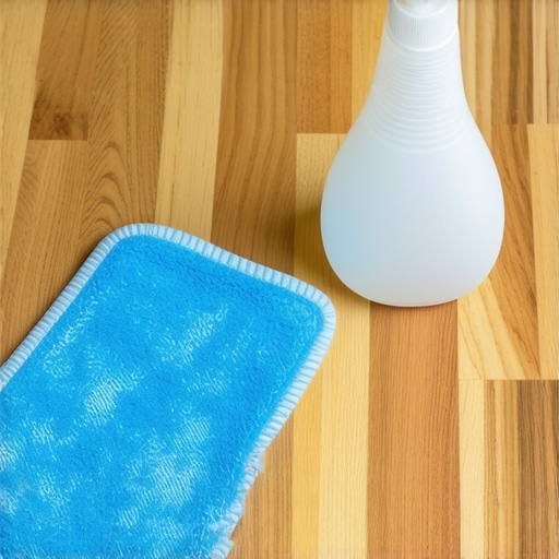 A microfiber cloth and spray bottle used for cleaning hardwood floors.