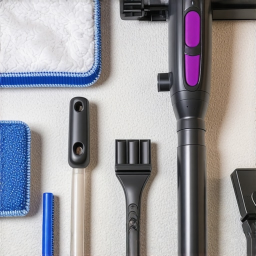 Effective Home Maintenance Tools A set of top-tier cleaning tools including a HEPA-filtered vacuum, microfiber mop, and surface inspection kit arranged on a wooden floor.