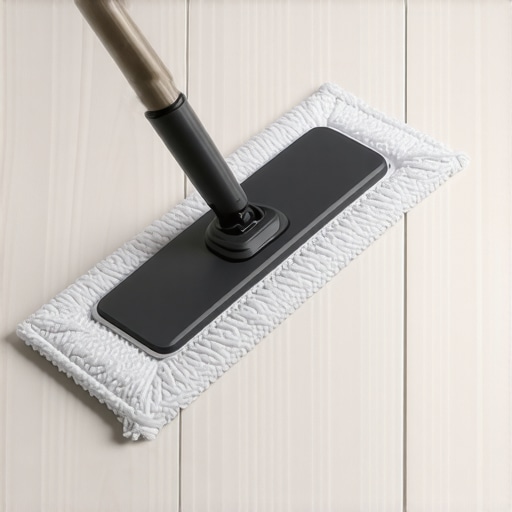 A microfiber mop pad gently cleaning a luxury vinyl plank floor