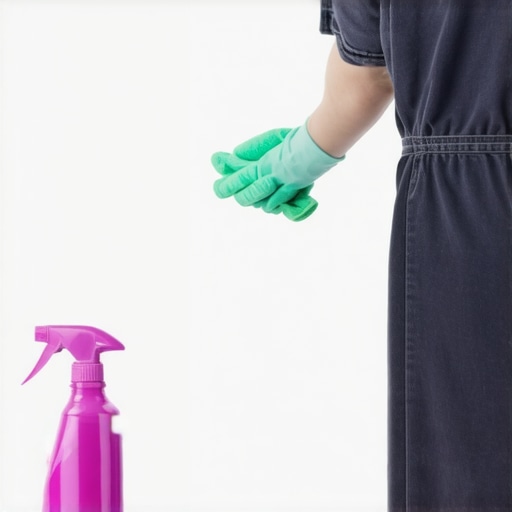 Person cleaning skirting boards with spray bottle and microfiber cloth in well-lit room.