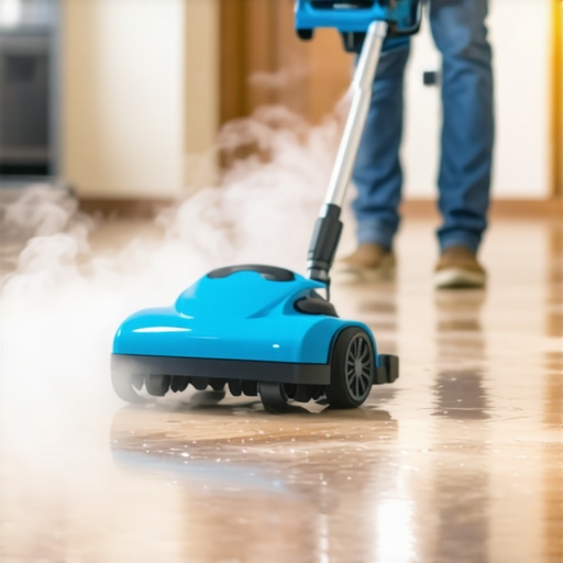 Steam cleaner blasting steam on tiled floor during deep home cleaning