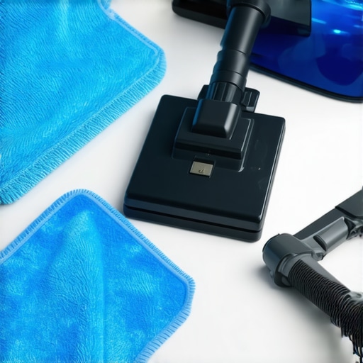 Microfiber cloths, cordless vacuum, and steam cleaner ready for use