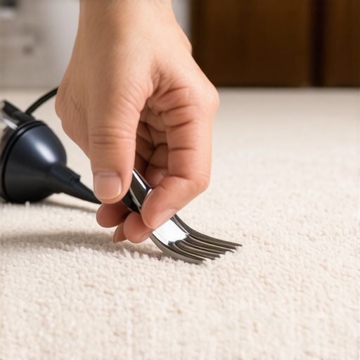 Person carefully fluffing carpet fibers after using ice and steam to fix dents.