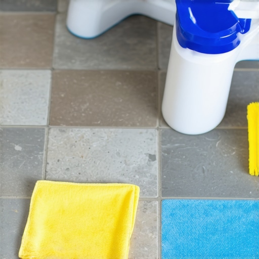 A hand wiping stone floor with microfiber cloth and mild cleaner