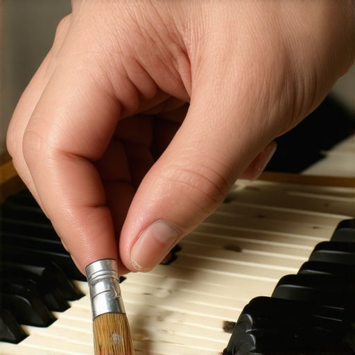 Person cleaning piano keys with a soft brush to remove dust