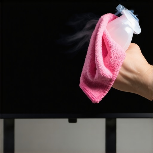 Person cleaning a computer monitor with a microfiber cloth and distilled water
