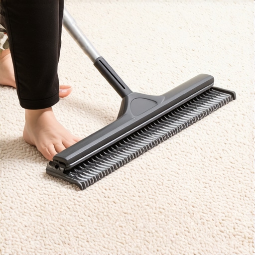 Person grooming carpet fibers with a hand rake