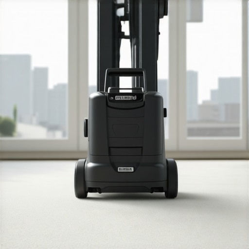 Close-up of a professional carpet extractor machine with adjustable brushes and controls