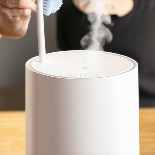 Person scrubbing a humidifier with vinegar solution and brushes, close-up shot.