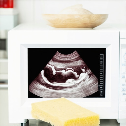 A sponge being disinfected in a microwave in a modern kitchen