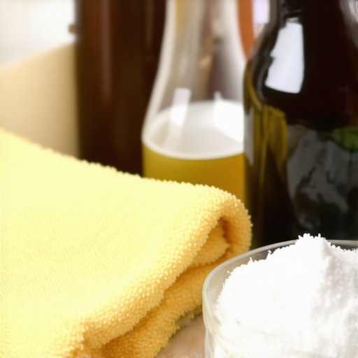 Vinegar, baking soda, and cloth ready for stain removal on a kitchen surface.