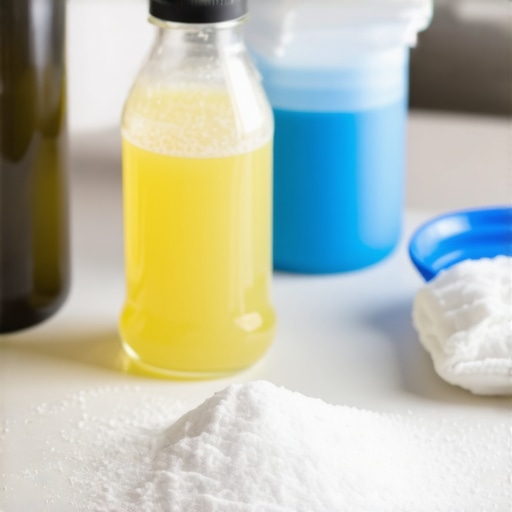 Vinegar spray bottle, baking soda, and microfiber cloth cleaning a greasy kitchen surface.