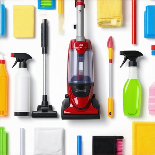 A selection of modern cleaning tools arranged neatly for home maintenance.