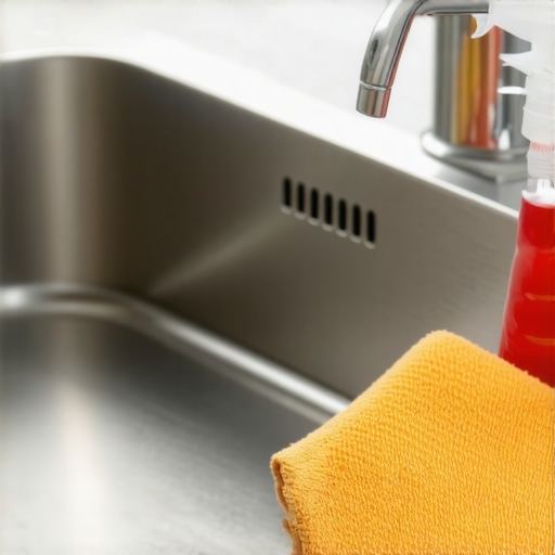 A clean and shiny stainless steel kitchen sink with cleaning tools