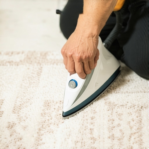 Person applying gentle heat to a rug's curled corner with a damp cloth for flattening.