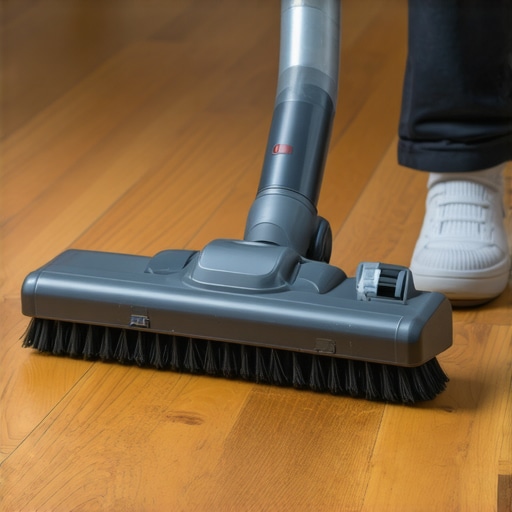 Person using vacuum cleaner with a soft brush to clean hardwood floor, emphasizing gentle debris removal