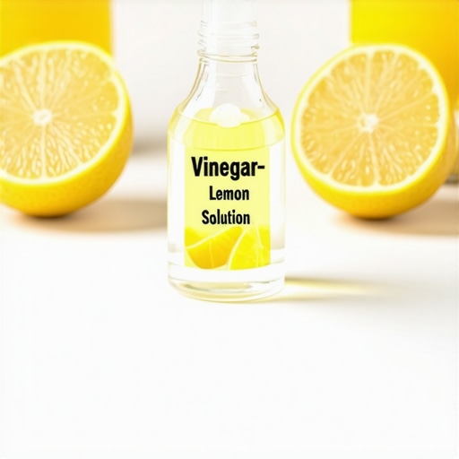 Vinegar and Lemon Cleaning Supplies Cleaning supplies including vinegar spray and lemon slices on a kitchen counter.