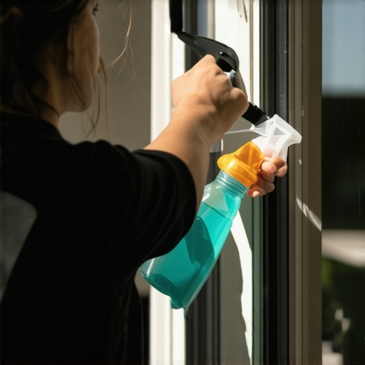 Hands spraying vinegar solution and squeegeeing a clean window in bright sunlight