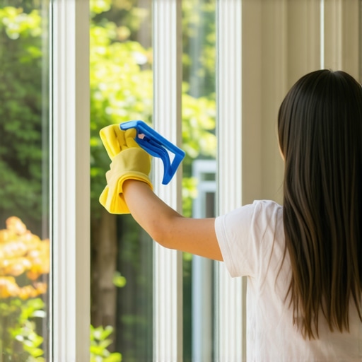 Person cleaning window with squeegee and microfiber cloth outdoors, sunny garden background