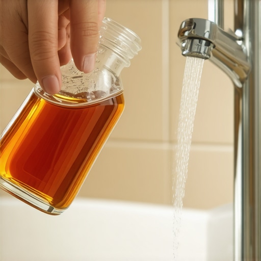 Person spraying vinegar mixture on a bathroom faucet with mineral buildup