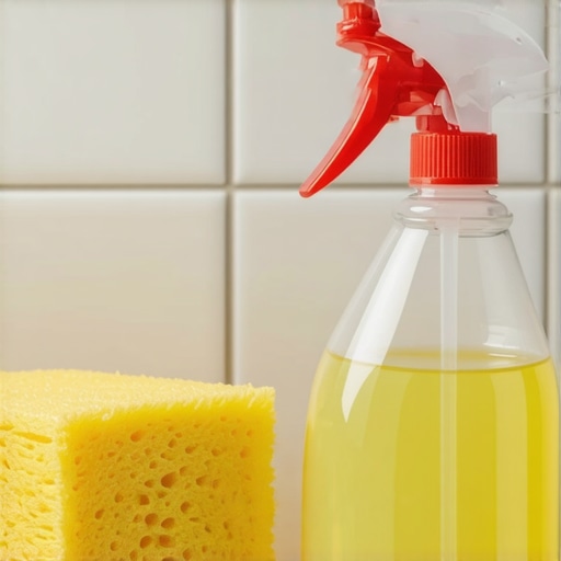 Applying vinegar solution to bathroom walls for hairspray removal