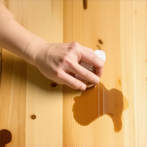 Person wiping coffee stain off unfinished wood surface with cloth.