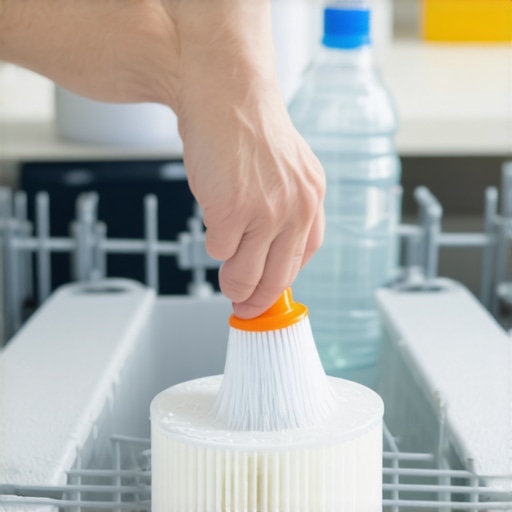 Person cleaning dishwasher filter with brush and vinegar in kitchen.