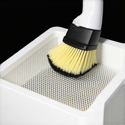 Person washing vacuum filter with brush and water