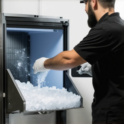 Technician removing parts and descaling a commercial ice machine in a professional kitchen.