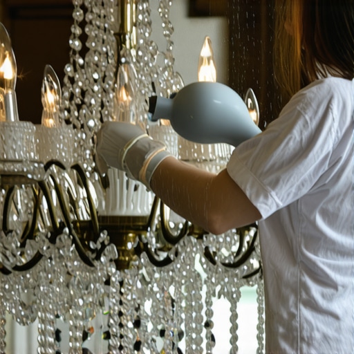 Hand cleaning chandelier crystals with microfiber cloth and spray