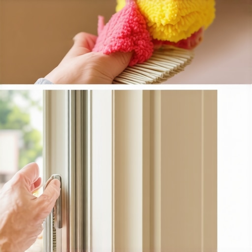 Person using a brush and microfiber cloth to clean dust from sliding door track.