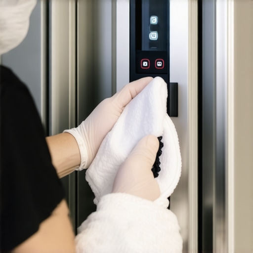 Person carefully disinfecting elevator button panel with cloth and brush in a clean building.