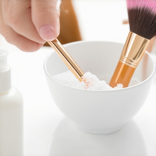 Close-up of hands cleaning makeup brushes in a bowl with cleanser, illustrating gentle swirling motion.