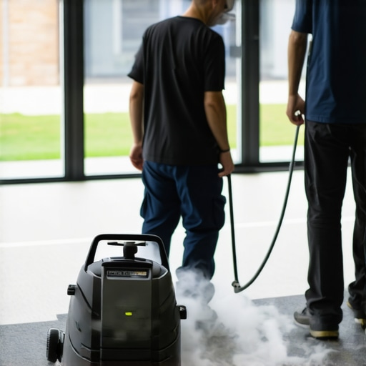 Deep Cleaning Office Carpet with Steam Professional cleaning technician deep cleaning office carpet with steam extractor.