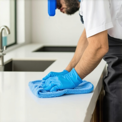 A cleaner wiping a kitchen countertop after renovation with microfiber cloth.