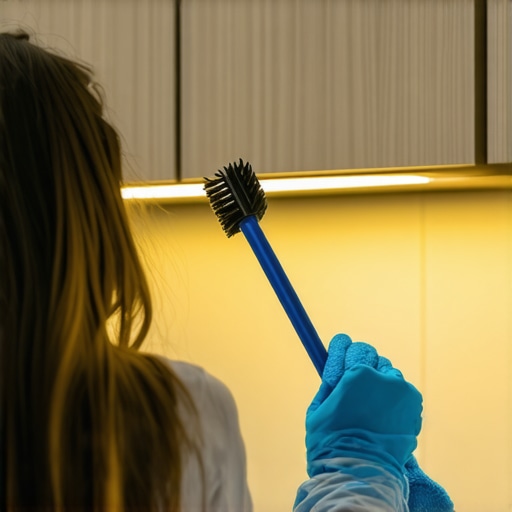 Person meticulously cleaning under-cabinet LED lights using a brush and microfiber cloth.
