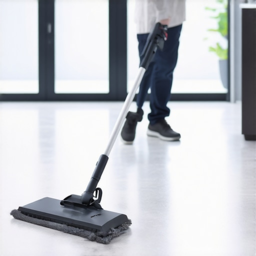 Technician thoroughly steam mopping tiled floor to maintain deep cleanliness