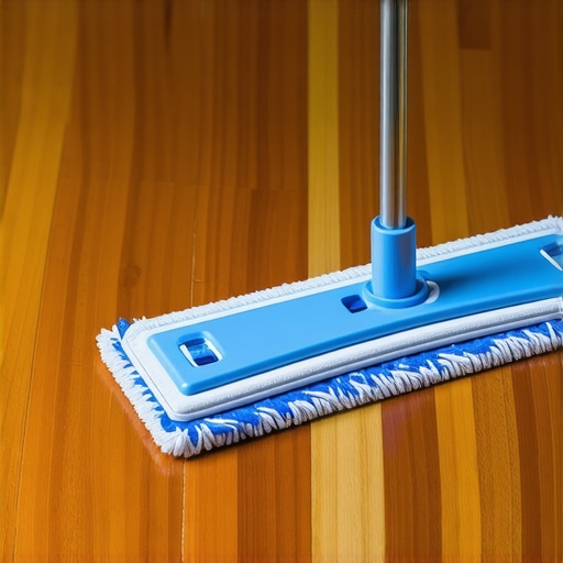 Deep cleaning hardwood with distilled water A mop applying distilled water to a polished wooden floor, emphasizing pure cleaning technique.