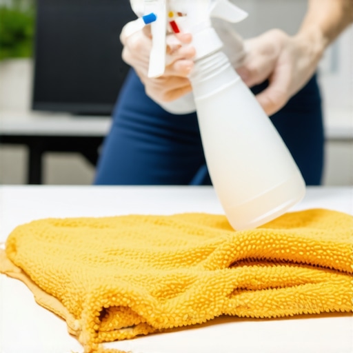 Person disinfecting office high-touch surfaces with microfiber cloth and spray bottle.