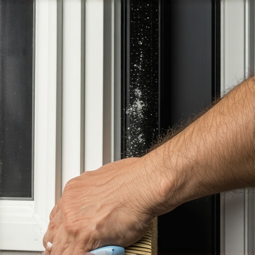 Hand using small brush to remove dust from window sill