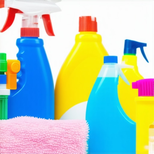 Eco-friendly Home Cleaning Tools A set of eco-friendly cleaning sponges, sprays, and cloths arranged on a light background
